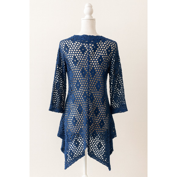 Sand & Spirit S Blue Crochet Pullover Boho Open Knit Sweater Tunic Artsy Chic - Picture 2 of 10